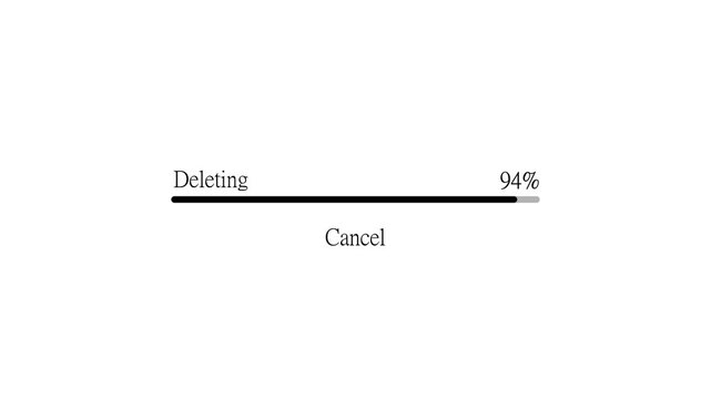 Progress bar showing deletion process from 9% to 100% with cancel button on white background.