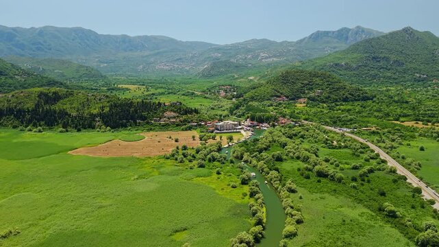 Aerial View of River Valley and Village Near Skadar Lake, Montenegro