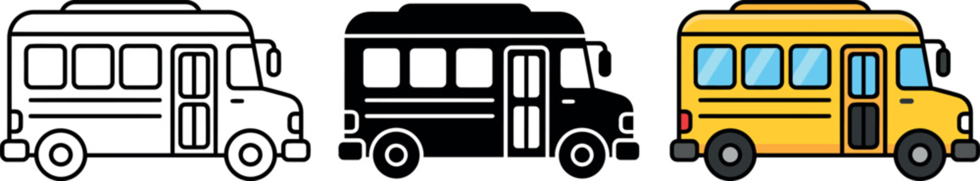 Three styles of school bus icon isolated on transparent background, isolated on white background, Vector