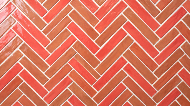 Coral red and terracotta herringbone ceramic tile background texture modern glossy zig zag pattern wall for kitchen backsplash or bathroom interior design
