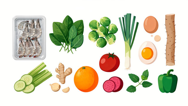 Flat lay of fresh healthy ingredients including shrimp, vegetables, fruits and eggs on white background