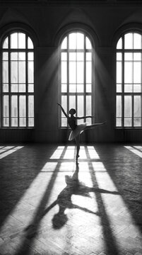 Ballerina Posing en Pointe in Arched Window Light Beams in Grand Dance Hall