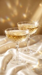 Obraz premium Glamorous close-up of two crystal coupe glasses filled with champagne. Stunning optical refractions, starburst highlights, and rainbow prisms on a light background. Perfect for luxury party concepts