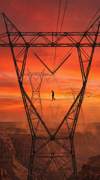 Tightrope Walker Walking on High Voltage Power Line Cable at Fiery Sunset