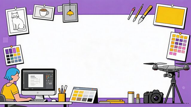 Digital illustrator working at purple themed creative desk with photography and design tools