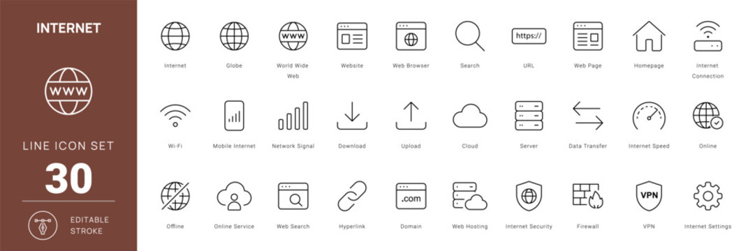 internet technology icon line style web network communication editable stroke vector set