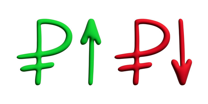 3d russian ruble currency symbol Growth and fall profit with arrow up and down Element for design