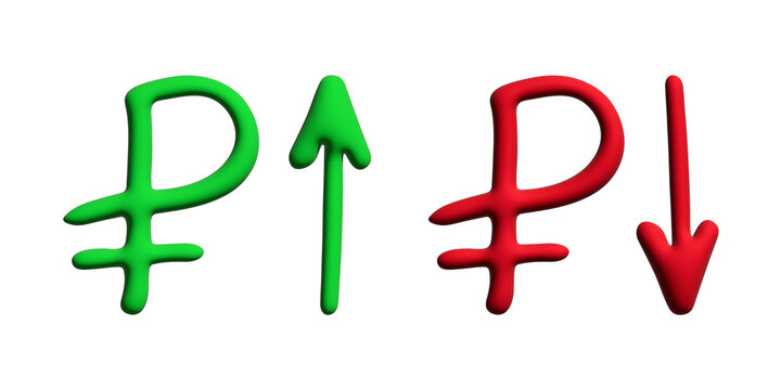 3d russian ruble currency symbol Growth and fall profit with arrow up and down Element for design
