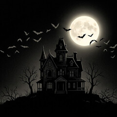 Fototapeta premium Spooky haunted house silhouette under a glowing full moon with a swarm of flying bats and dead trees at night