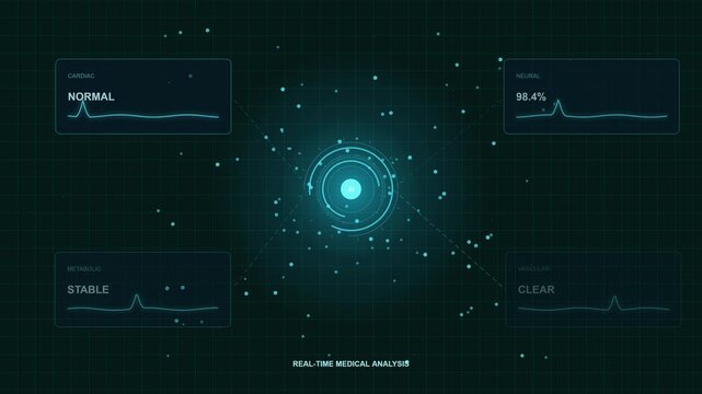 Futuristic Digital Healthcare Interface Featuring Real Time Medical Data Analysis and Neural Network Visualization