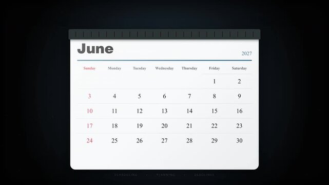 Sleek digital calendar page with June 2027 dates clearly visible, representing future planning, important deadlines, and upcoming events for business, personal scheduling, or time management.
