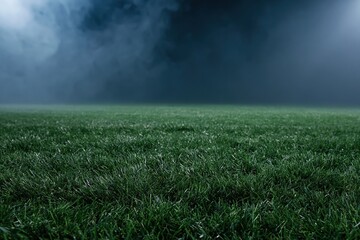 Obraz premium The Grass Field Under a Mysterious Stormy Sky and Thick Fog