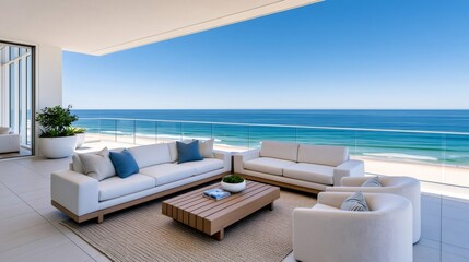 Fototapeta premium Luxury oceanfront balcony with modern outdoor furniture and beach views