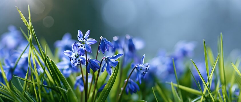 Closeup of blue scilla wildflowers blooming among green grass in a spring meadow