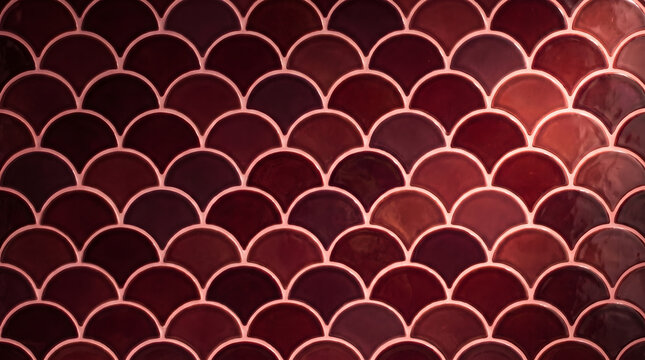 Burgundy Fish Scale Tile Pattern Background, Dark Red Fan Shaped Ceramic Wall Mosaic Tiles, Moroccan Scale Pattern for Bathroom Interior and Kitchen Backsplash