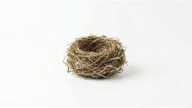 Empty bird nest made of twigs and moss on white