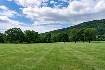 Obraz premium The Open Green Field Under a Bright Blue Sky and Distant Hills