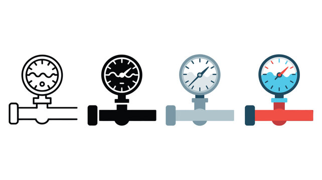 Industrial pressure gauge icons featuring water pipes, plumbing manometers, hydraulic flow meters, engineering equipment, utility systems, and maintenance symbols
