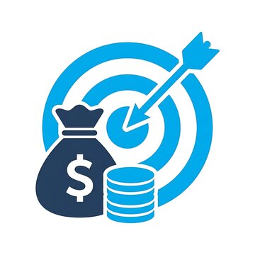 Financial target icon with money bag and coins on white background
