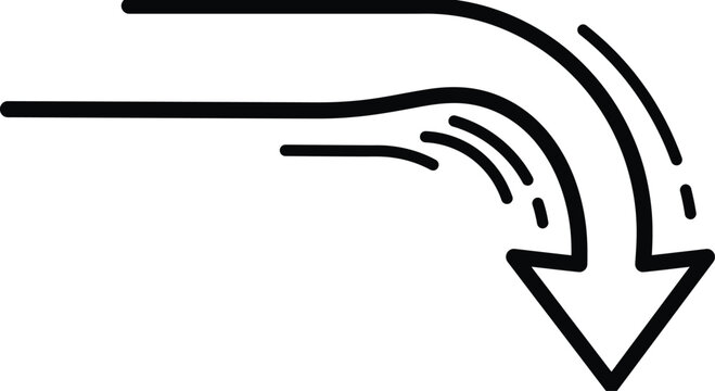 Curved arrow pointing down with speed lines, black hand drawn outline vector illustration of dynamic motion arrow, direction, decrease and downward trend symbol.