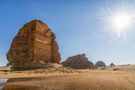 Al Ula famous Hegra site, a touristic landmark with Nabataean tombs and temples, a historic destination in Middle East and Saudi Arabia.
