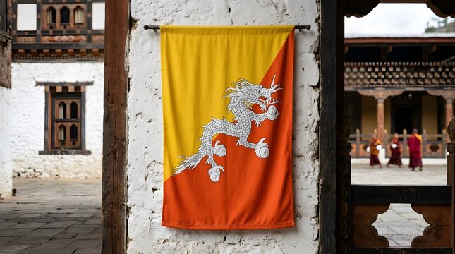The national flag of bhutan hanging on a white stone wall of a traditional monastery
