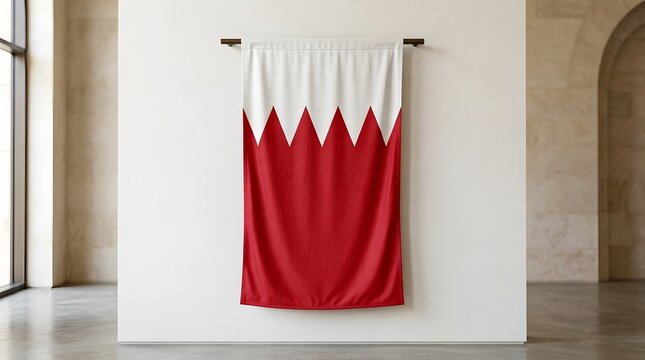 Vertical hanging flag of bahrain with five white triangles on a red field