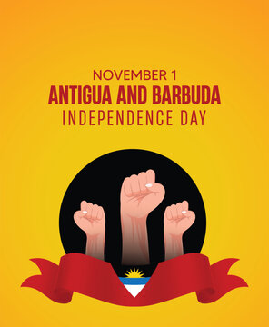 Antigua and Barbuda Independence Day poster featuring raised fists and patriotic ribbon vector poster