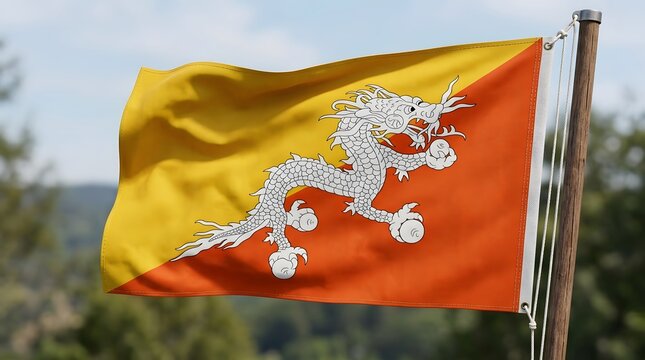 National flag of bhutan waving in the wind against a blurred natural background