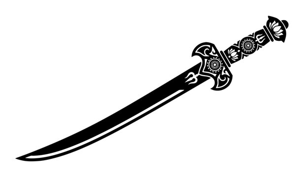 Black curved sword silhouette with ornate decorative hilt, scimitar saber weapon illustration isolated on white background