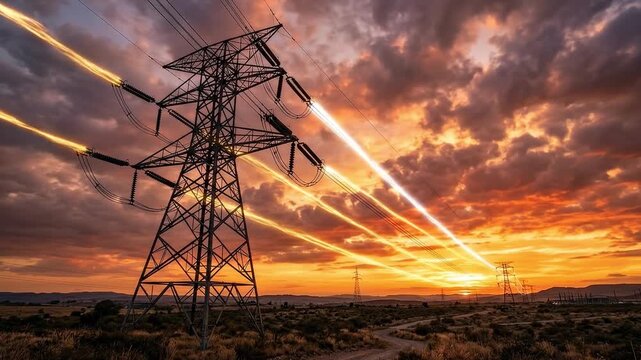 Golden Hour Power Grid: Cinematic Utility Energy Sunset Loop