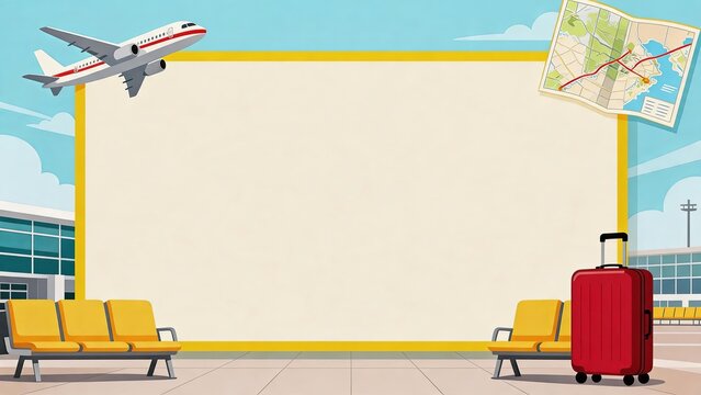 Airport terminal waiting area with flight map, red suitcase, and yellow seats under clear sky