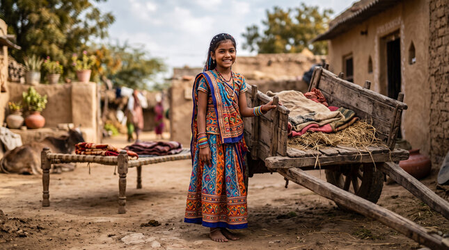 Smiling young Indian girl in colorful traditional ethnic attire standing by a vintage wooden bullock cart in a rustic rural village setting with mud houses and warm sunlight.