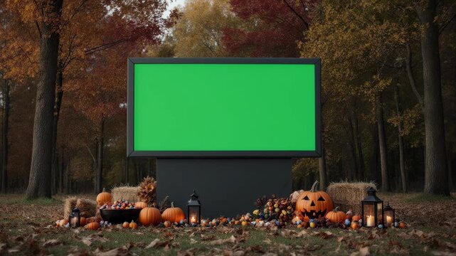 Large Blank Green Screen Billboard Decorated for an Autumn Halloween Celebration
