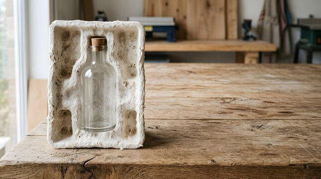 Rustic Glass Bottle in Concrete Holder on Wooden Workbench