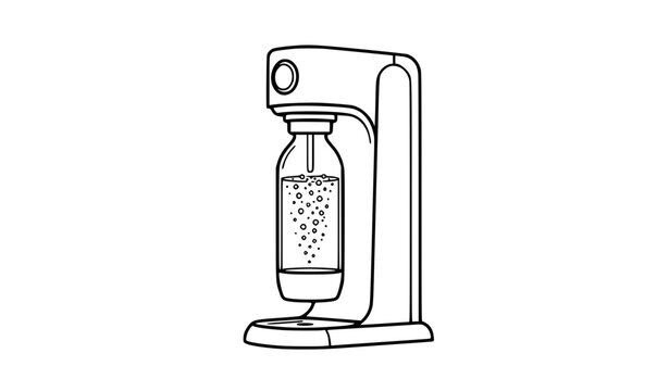 Soda maker line icon, black outline sparkling water machine with carbonated bottle and bubbles, minimal symbol isolated on white background