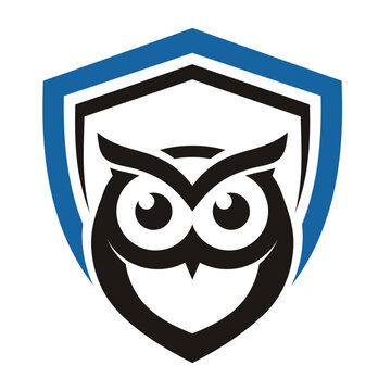 Owl with shield minimalist logo design vector.