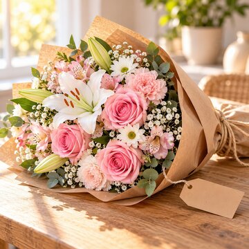 Beautiful pastel pink and white floral bouquet with lilies and roses