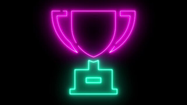 Glowing neon trophy animation, success and achievement concept, vibrant purple and cyan light sign on black background