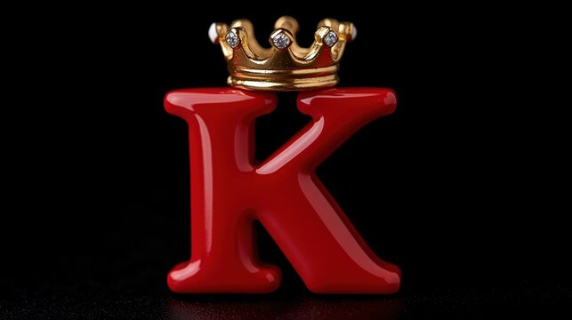 Bold red glossy letter k with gold crown on black background