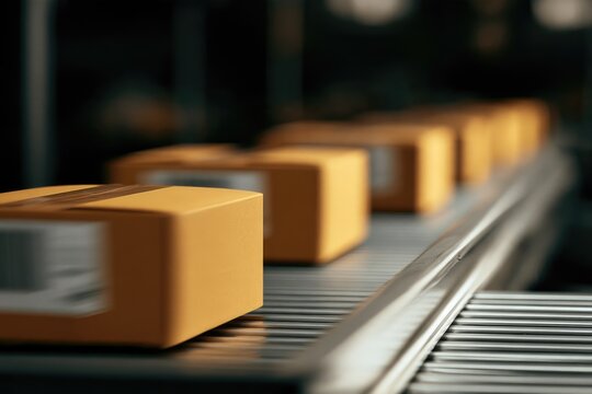 Multiple brown parcels moving along a conveyor belt in a warehouse or shipping facility, ready for processing or delivery.
