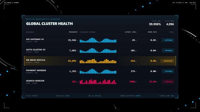 Futuristic observability dashboard HUD overlay featuring looping telemetry sparklines cluster health metrics and latency data for devops network monitoring and digital technology video backgrounds   