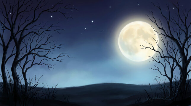 A full moon illuminates a dark landscape with silhouetted trees and rolling hills moonlight nightscape fullmoon