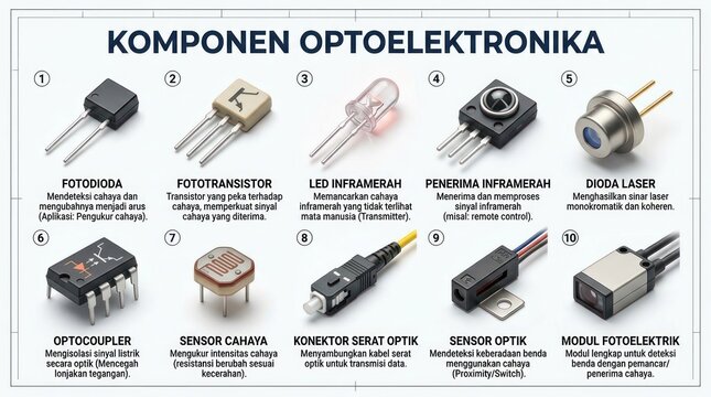 Corporate Diagram of Optoelectronic Components 10 Key Elements with Descriptions and Images with high quality professional line art symbols for modern creative design and digital branding projects