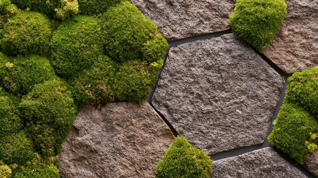 The Mossy Hexagonal Stone Path with Lush Green Moss Between Cracks