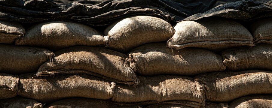 A close-up view of stacked burlap sandbags arranged for flood protection or military fortification.
