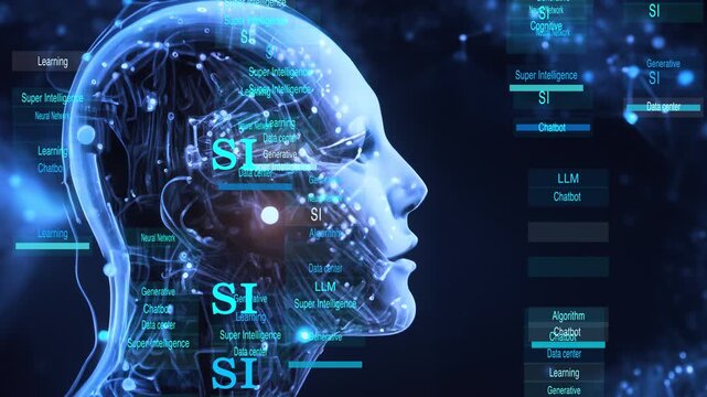 Super Intelligence technology background with cyborg face.