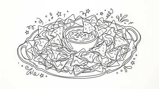 Line Drawing of Nachos with Dip and Celebration Elements