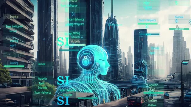 Super Intelligence technology background with cyborg in city.