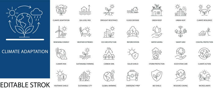 Climate adaptation line icon set. Featuring climate resilience, renewable energy, eco architecture, smart grid. Vector icons for ESG reports, brochures, and web apps.